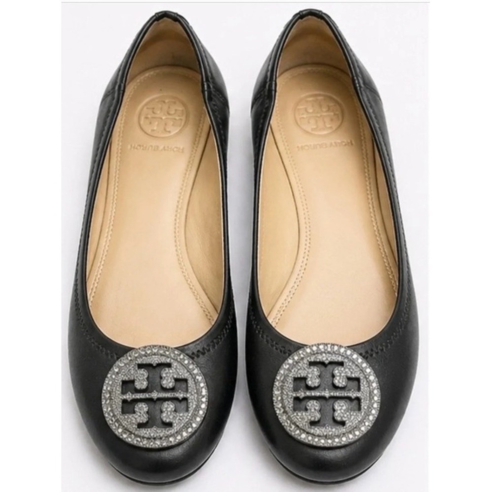 Tory Burch Liana Black Leather Crystal Logo Ballet Flat Shoes Size 5.5M